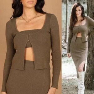 Petal & Pup Luna Knitted Ribbed Button Cardigan Olive Green Size L NWT